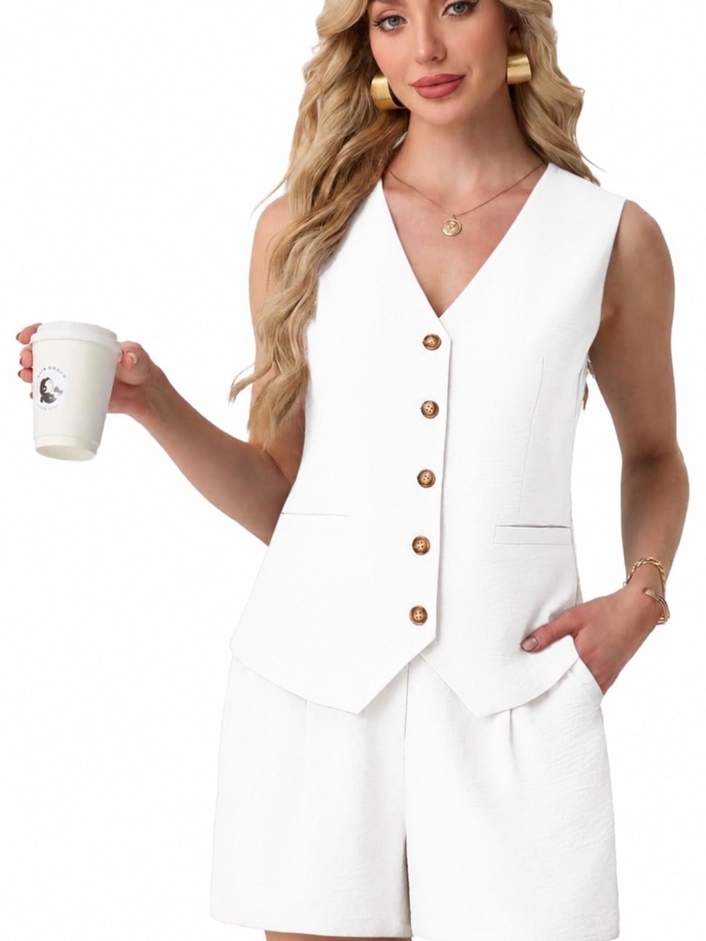 Sleeveless V-Neck White Vest and Shorts Set